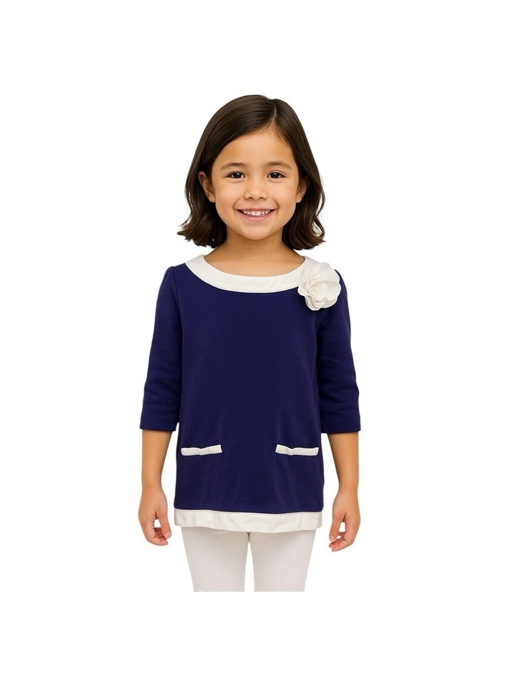 Janie and Jack Girl’s Navy Blue & White Flower Trim Blouse – Size 6